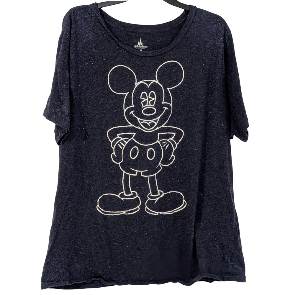Disney Parks Mickey Mouse Glitter Outline Navy Blue Shimmer Graphic Tee Shirt 2X